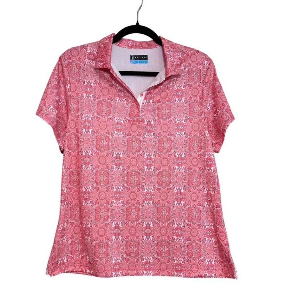 PGA Tour Womens Pink Floral Medallion Golf Polo Shirt Short Sleeve Size Large